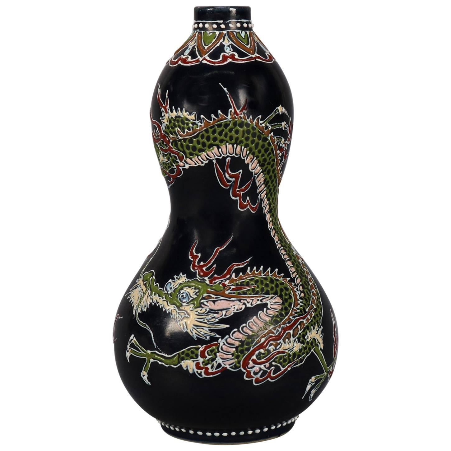 Antique Japanese Imari Hand Enameled Pottery Dragon Cabinet Vase, Signed