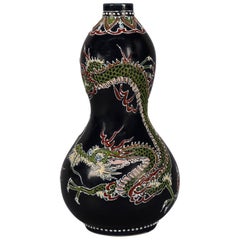 Vintage Japanese Imari Hand Enameled Pottery Dragon Cabinet Vase, Signed