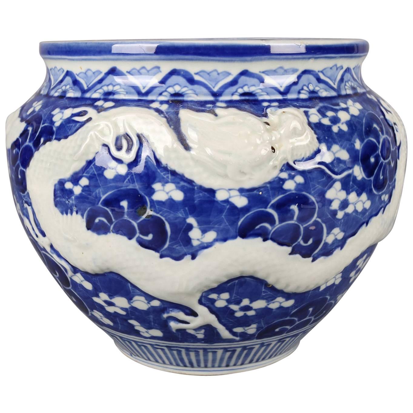 Chinese Hand-Painted High Relief Porcelain Dragon Jardeniere, Blue and White