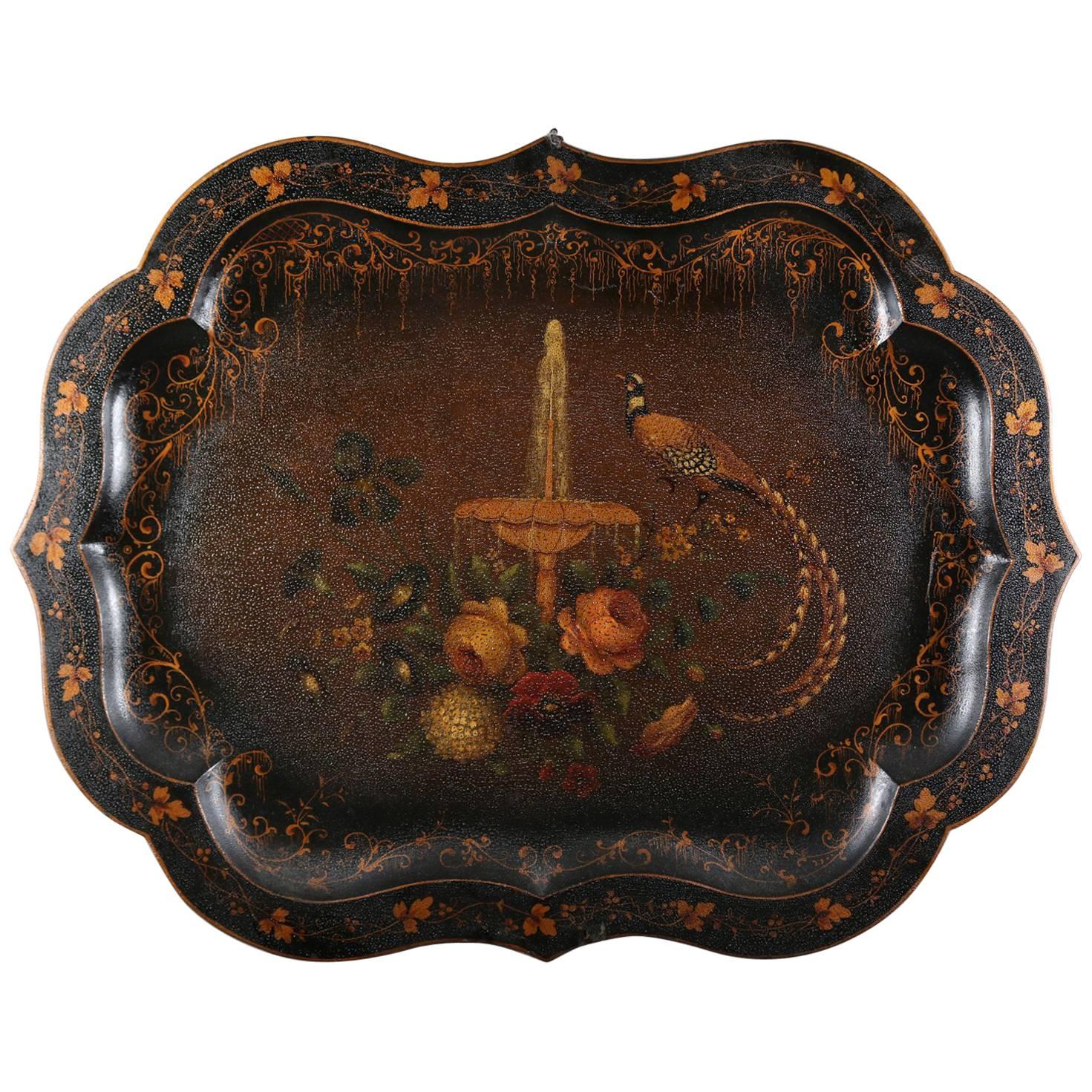 Antique Hand-Painted & Gilt Toleware Tray with Pheasant, Floral & Urn Decorated
