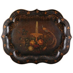 Antique plateau en tôle peinte à la main & plateau en tôle dorée avec faisan:: fleuri & Urne décorée