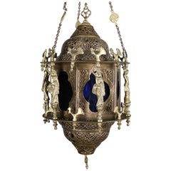 Antique Moorish Reticulated & Figural Brass and Glass Hanging Lantern
