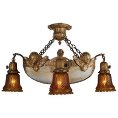 Vintage Classical Style Figural Bronzed and Slag Six-Light Bowl Chandelier