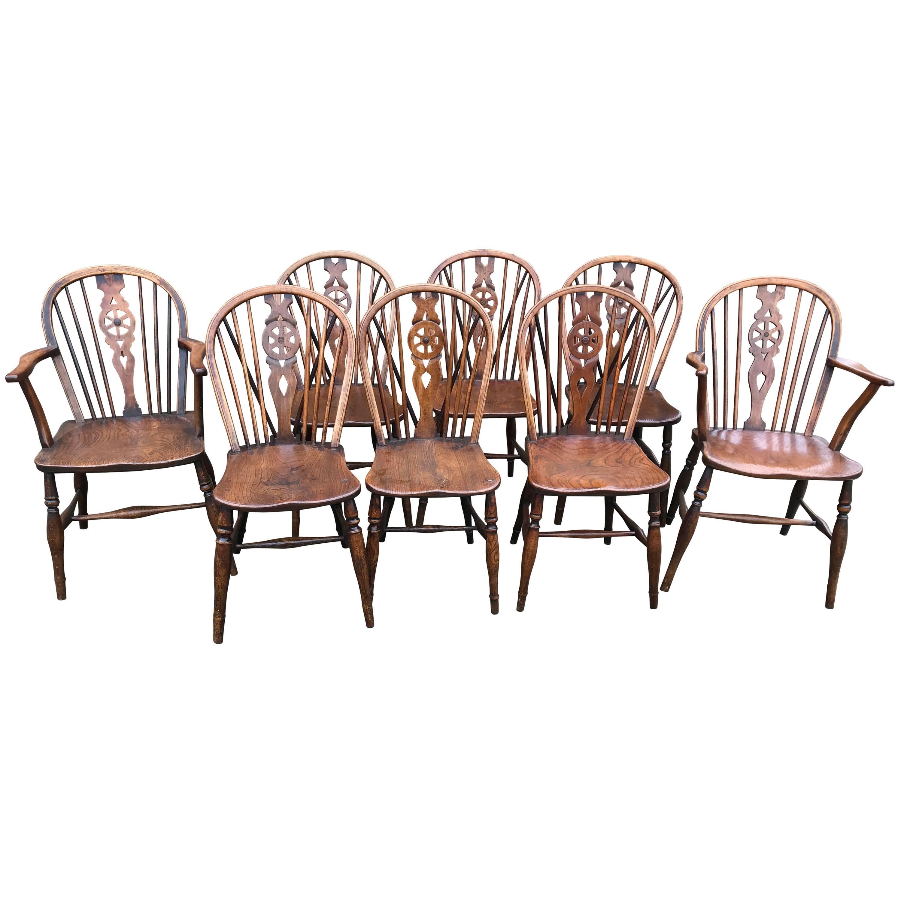 19th Century Harlequin Set of Eight Wheel Back Windsor Chairs