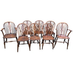 Antique 19th Century Harlequin Set of Eight Wheel Back Windsor Chairs