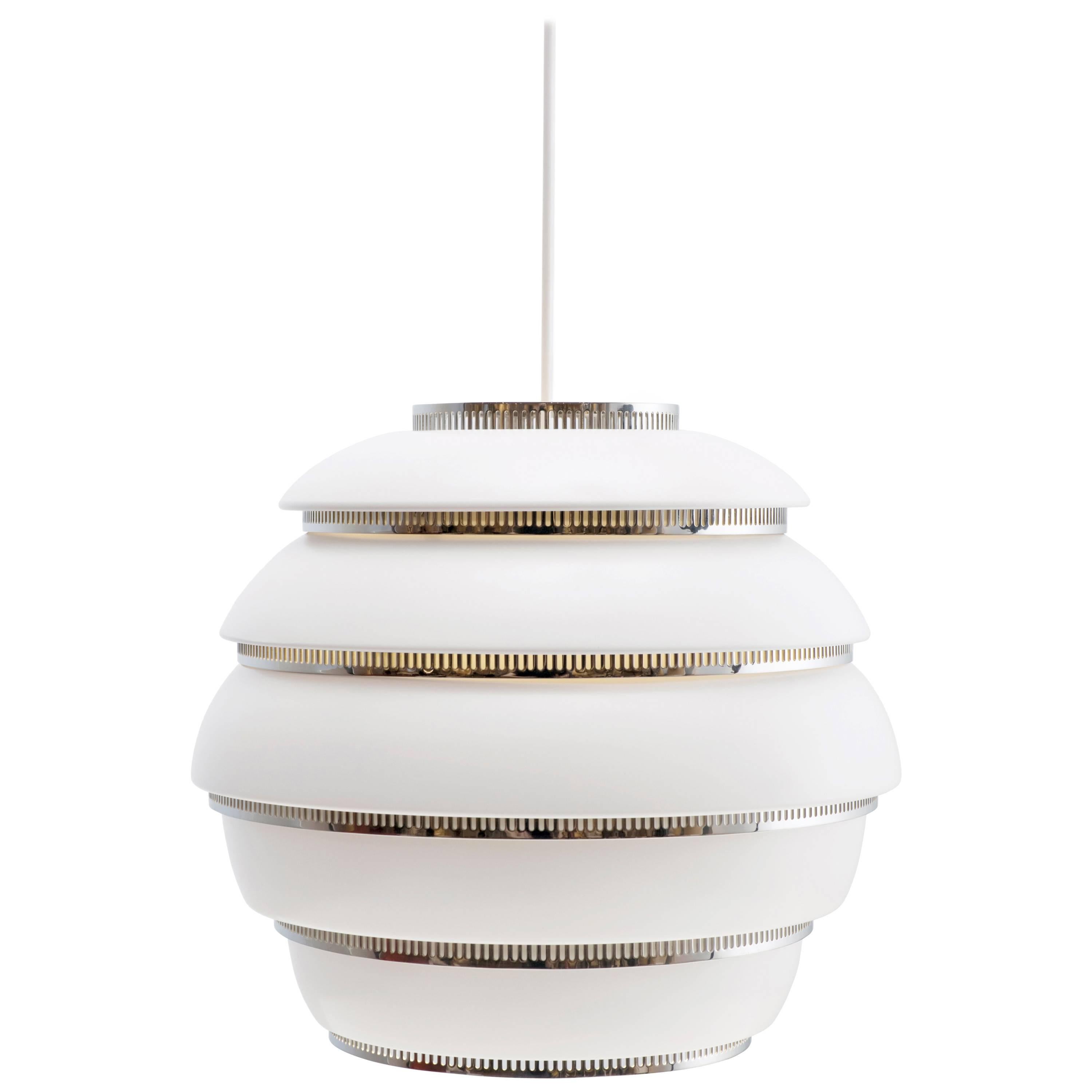 Authentic Pendant Light A331 "Beehive" in White with Chrome, Alvar Aalto & Artek For Sale