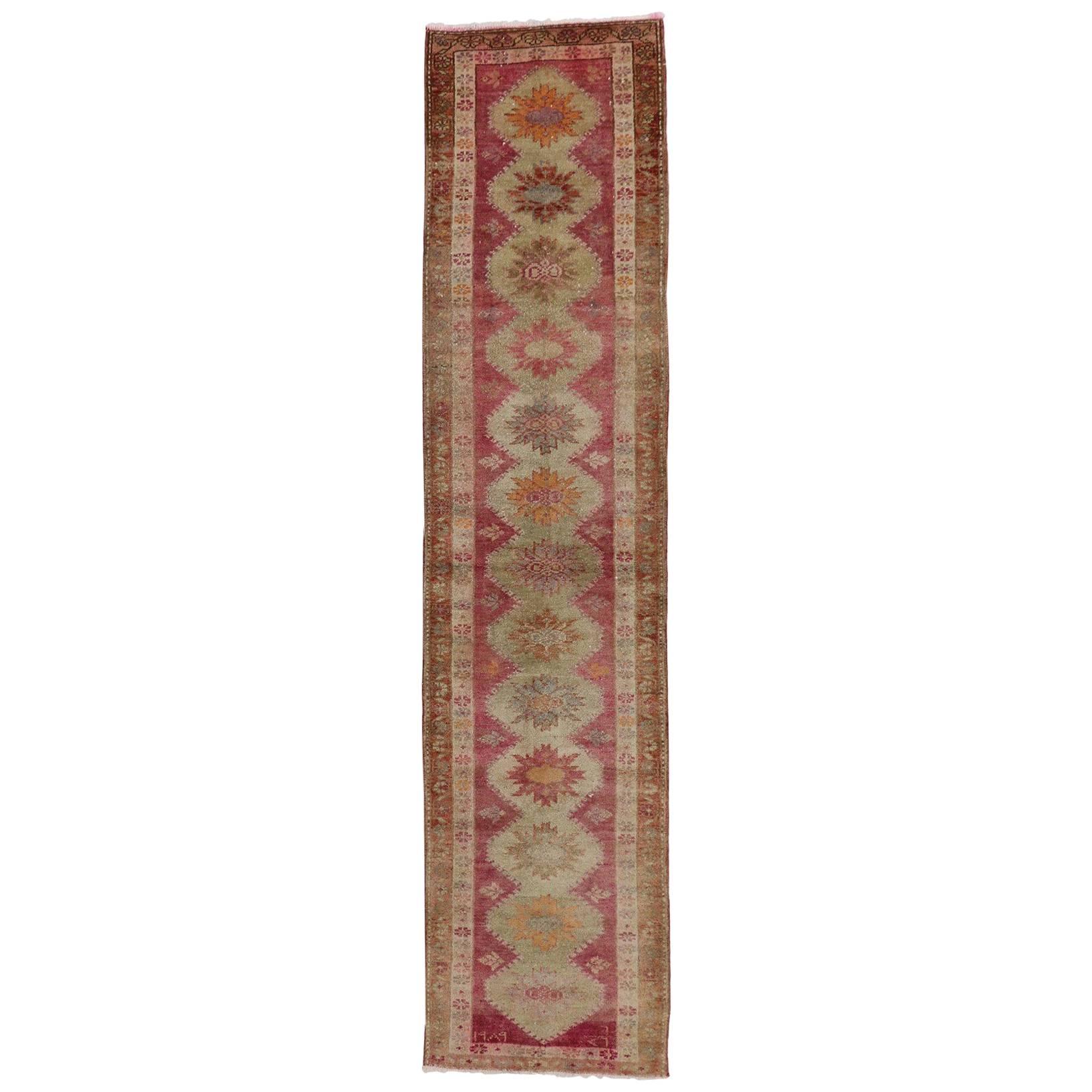 Vintage Turkish Oushak Runner with Tribal Style, Hallway Runner