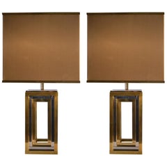 1960s Pair of Romeo Rega Table Lamps in Brass & Chrome with Original Taupe Shade