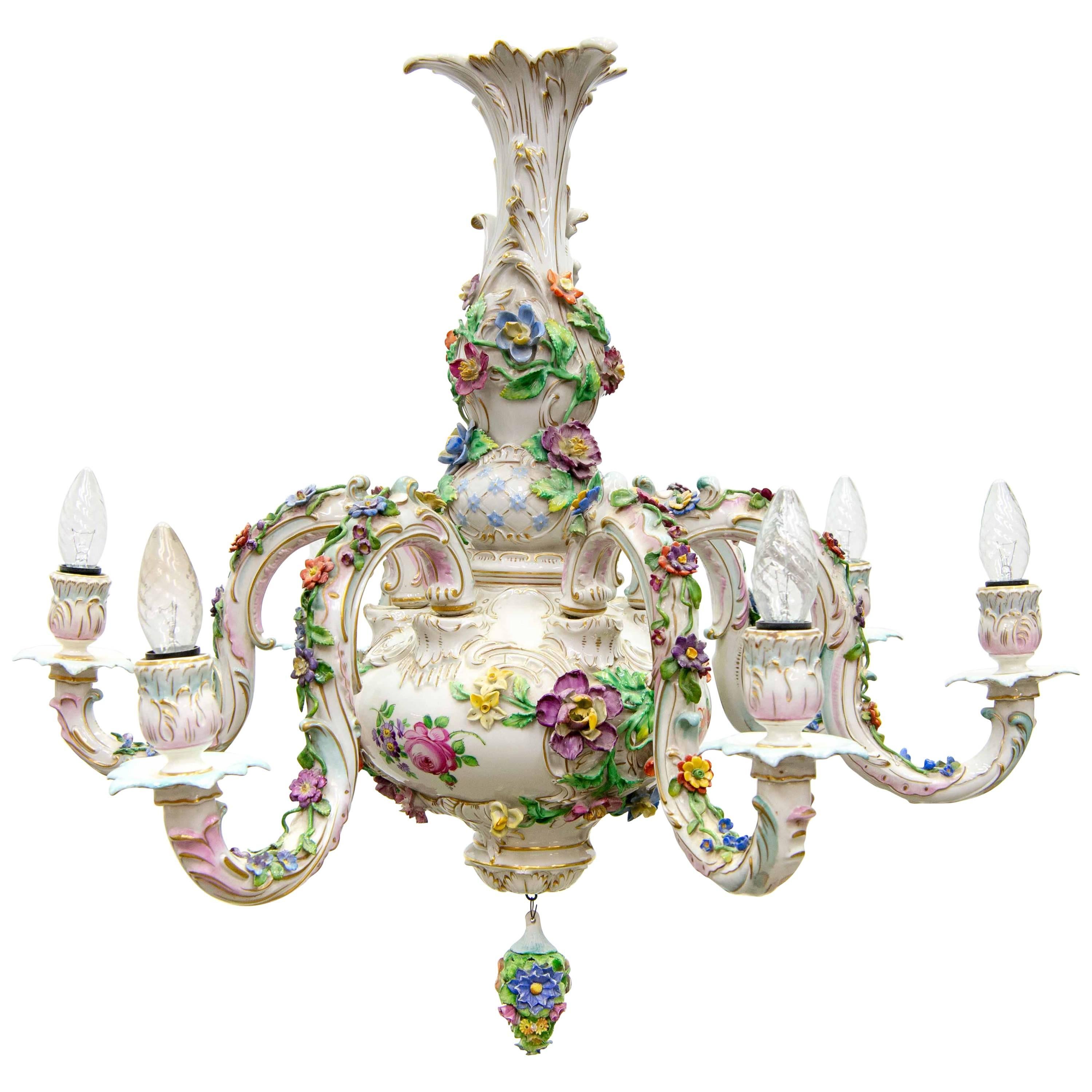 Dresden Porcelain Chandelier with Polychrome Flowers, 1970