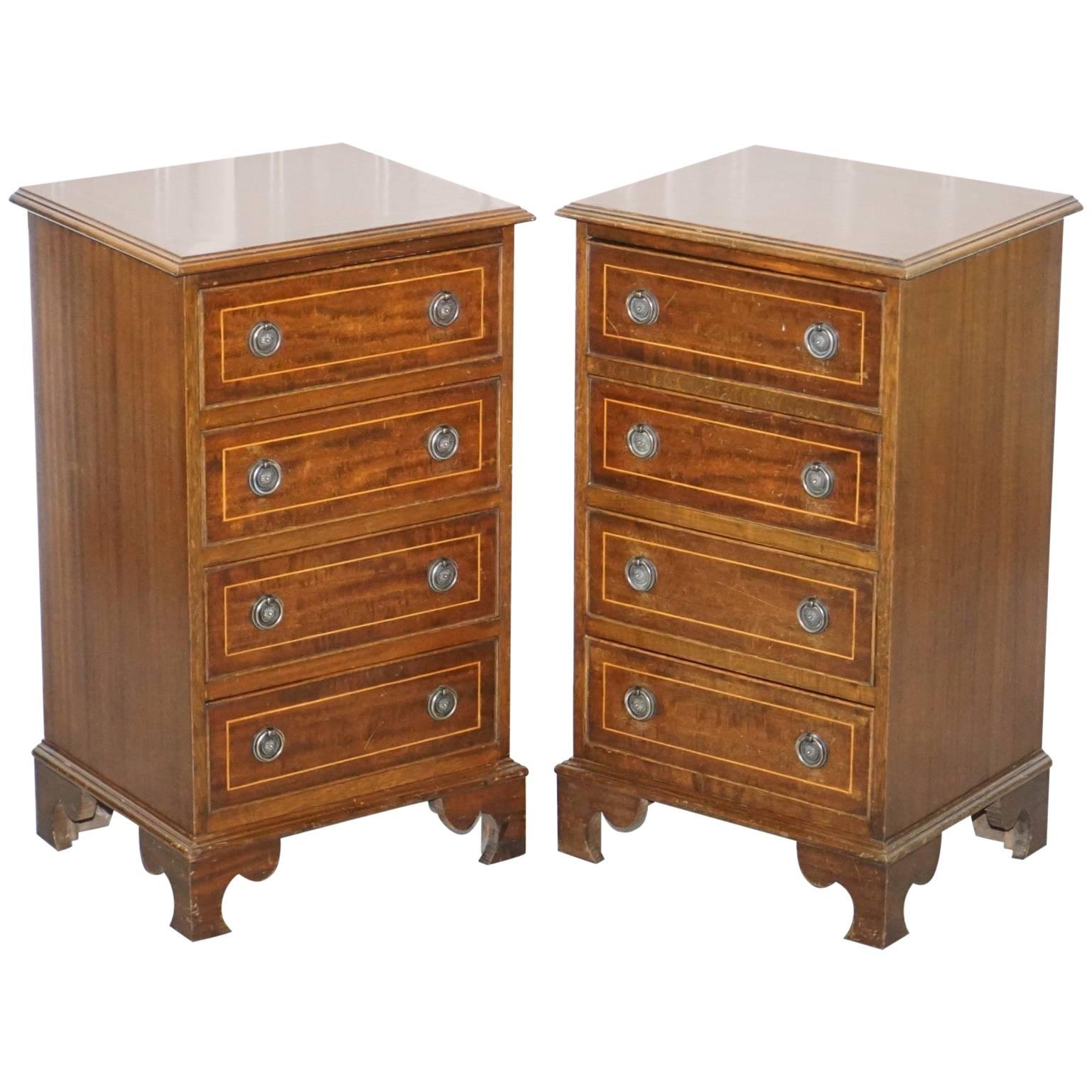 Pair of Vintage English Flamed Mahogany Side Lamp End Bed Table Drawers