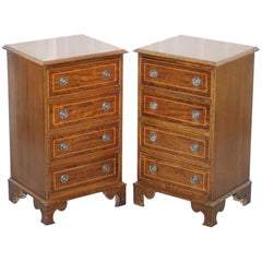 Pair of Vintage English Flamed Mahogany Side Lamp End Bed Table Drawers