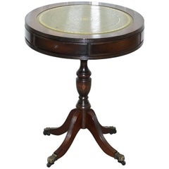 Mahogany Twin Drawer Regency Drum Side End Lamp Wine Table, Green Leather Top