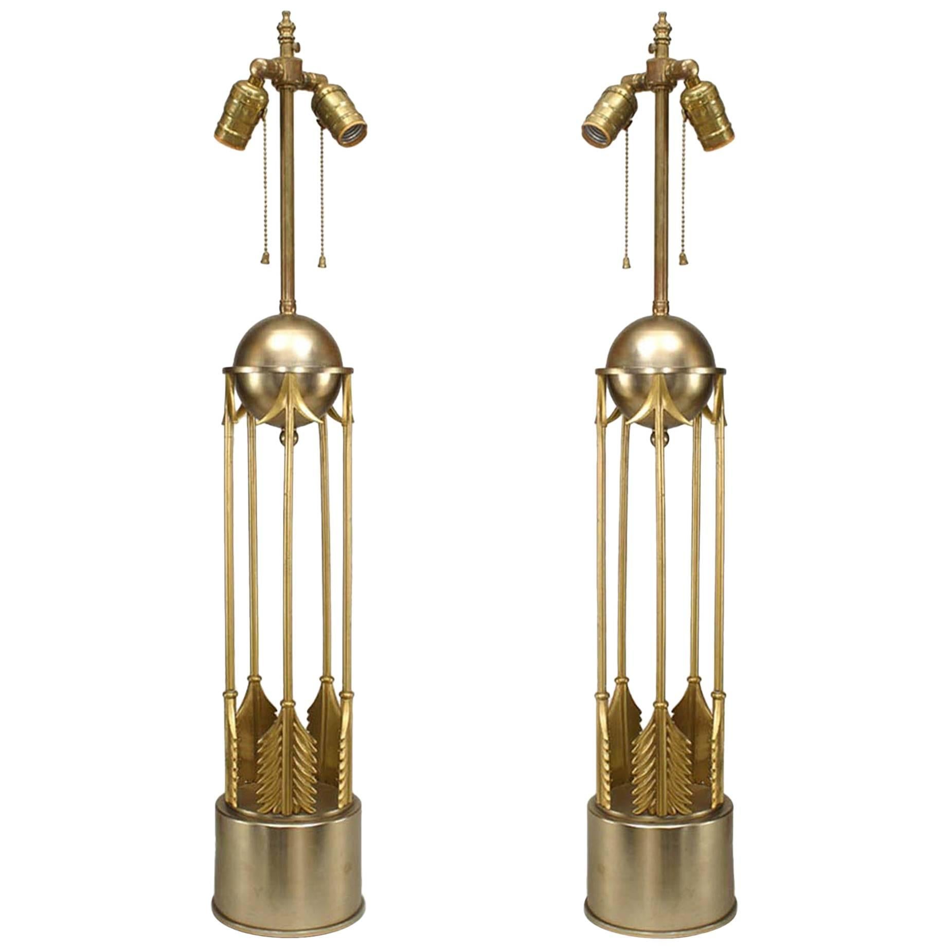 Pair of American Art Moderne 1950s Steel and Brass Table Lamps