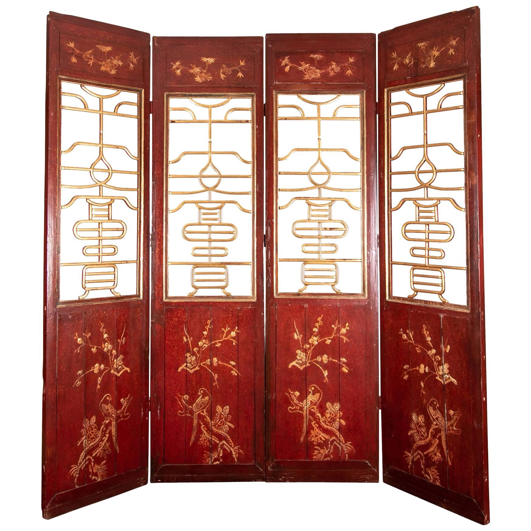 Massive Antique Four Panel Chinese Screen