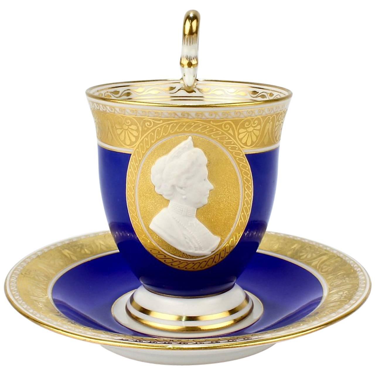 KPM Berlin Porcelain Blue Cameo Empress Augusta Victoria Portrait Cup & Saucer