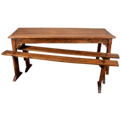 Antique French Walnut Farm House Plank Top Table and Benches