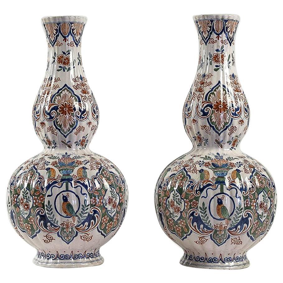 Dutch Early-18th Century, Polychrome Delft Faience Pair of Gourd-Shaped Vases
