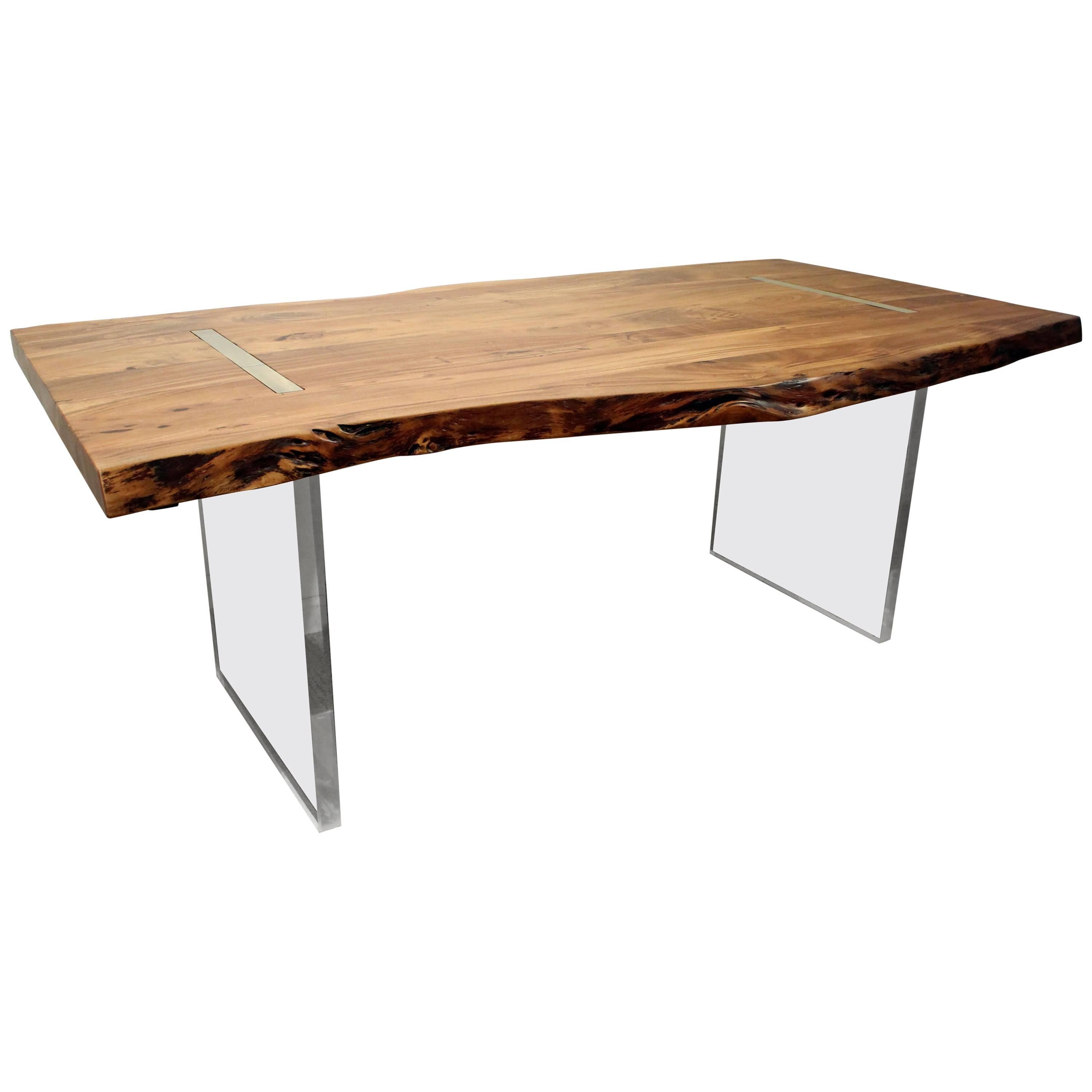 Modern Designer Studio Floating Top Acacia Wood and Lucite Dining Table