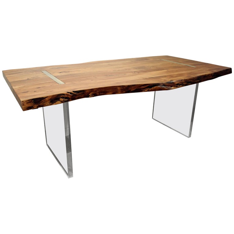 Modern Designer Studio Floating Top Acacia Wood and Lucite Dining Table For Sale at 1stDibs