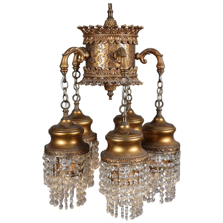 Moorish Style Gilt And Crystal Five Drop Light Chandelier 20th Moorish Style Gilt And Crystal Five Drop Light Chandelier 20th Century For