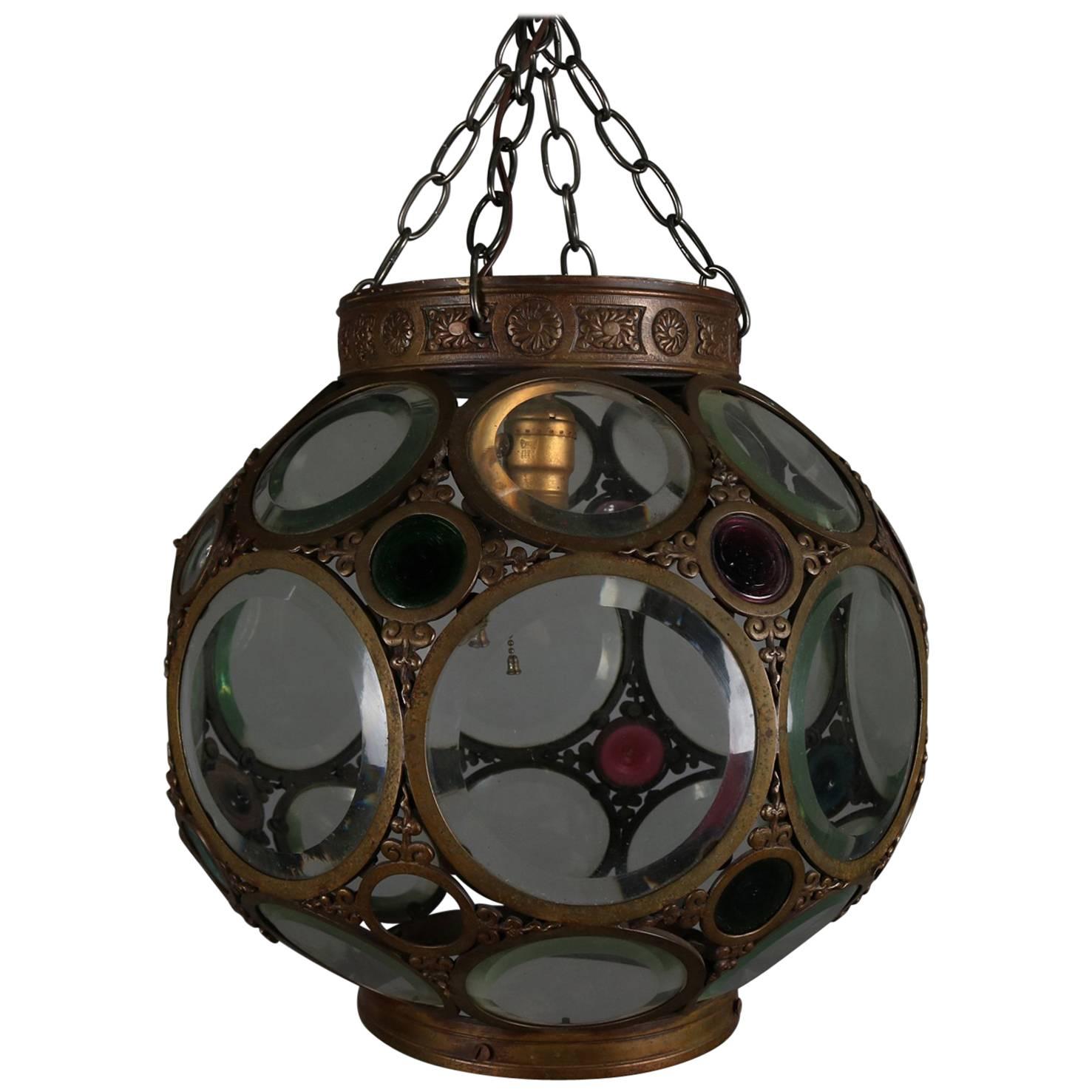 Large Aesthetic Movement Belchers School Bronzed and Jeweled Hanging Light