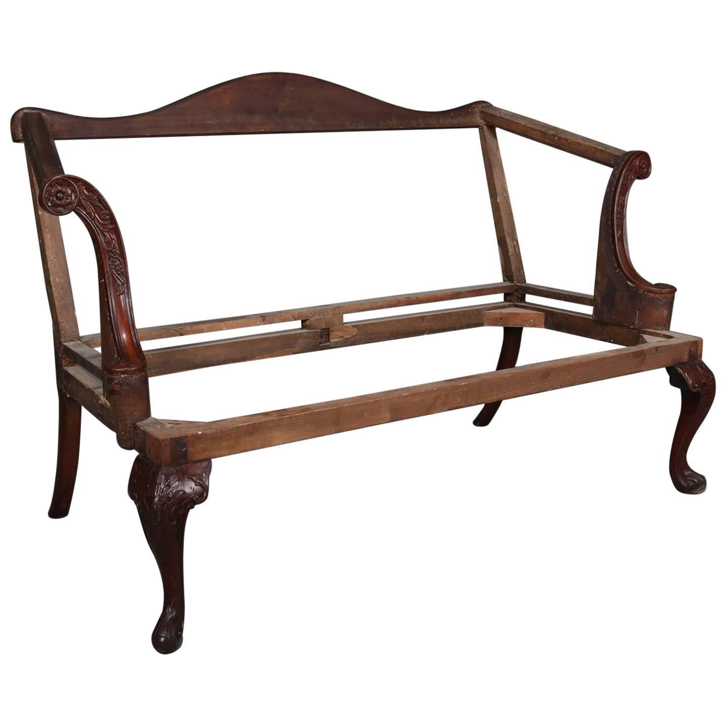 English Floral & Foliate Carved Mahogany Queen Anne Settee Frame, circa 1820