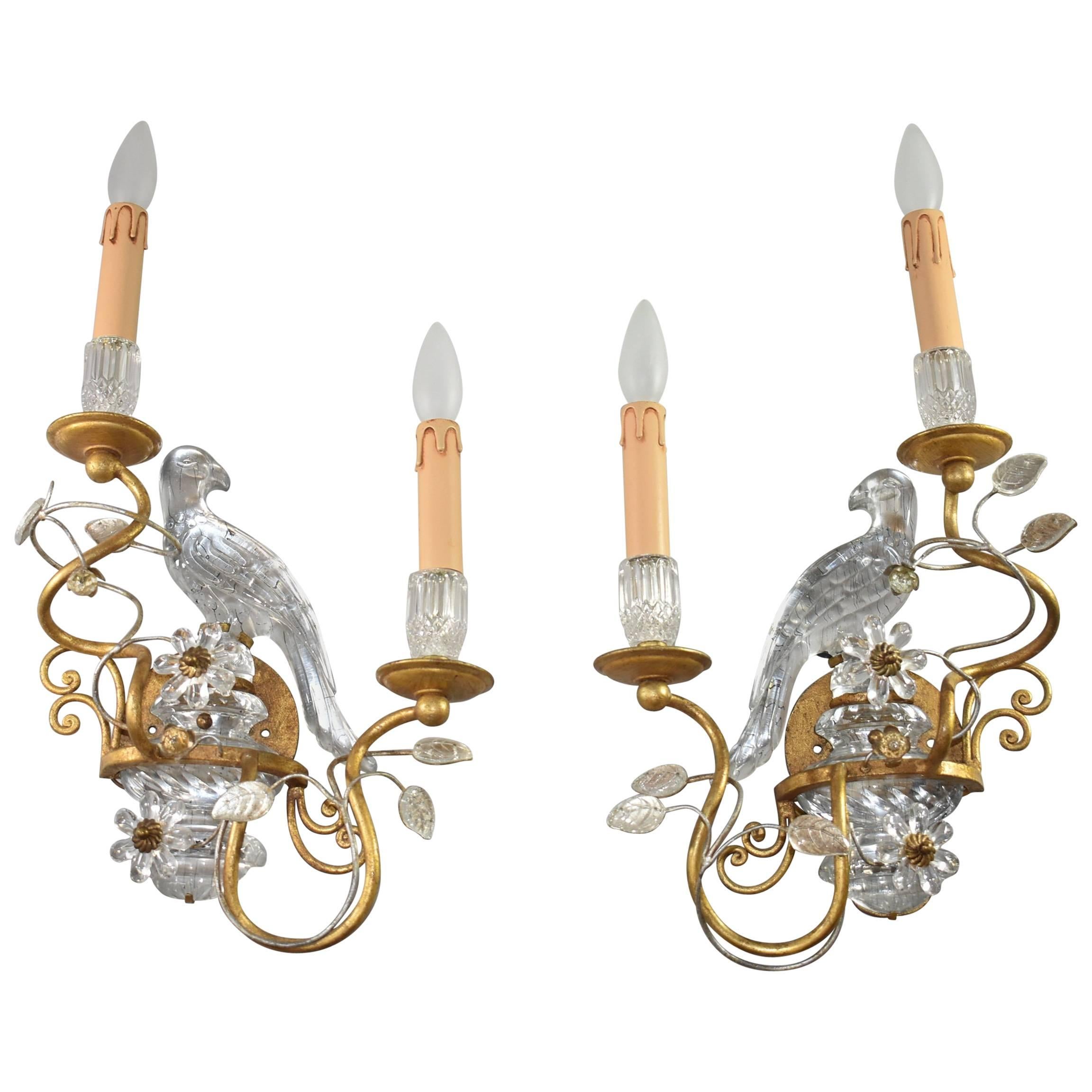 Pair of Crystal and Brass Parrot Wall Sconces in the Style of Maison Bagues