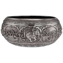 Antique Burmese Solid Silver Thabeik Bowl, Myanmar, Peacock Mark, circa 1890