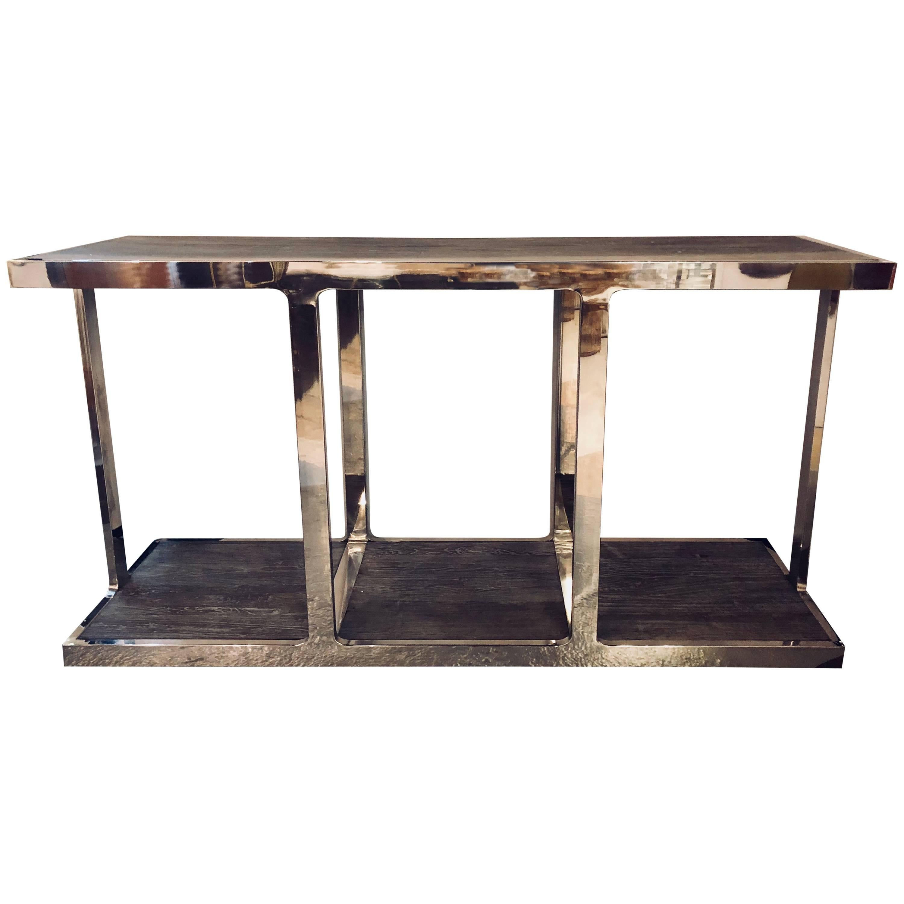 Modern Chrome and Distressed Wood Console/Sofa Table