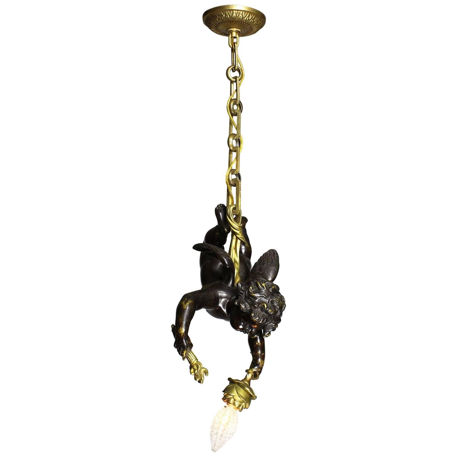 French 19th-20th Century Belle Époque Patinated & Gilt Bronze Cherub Chandelier