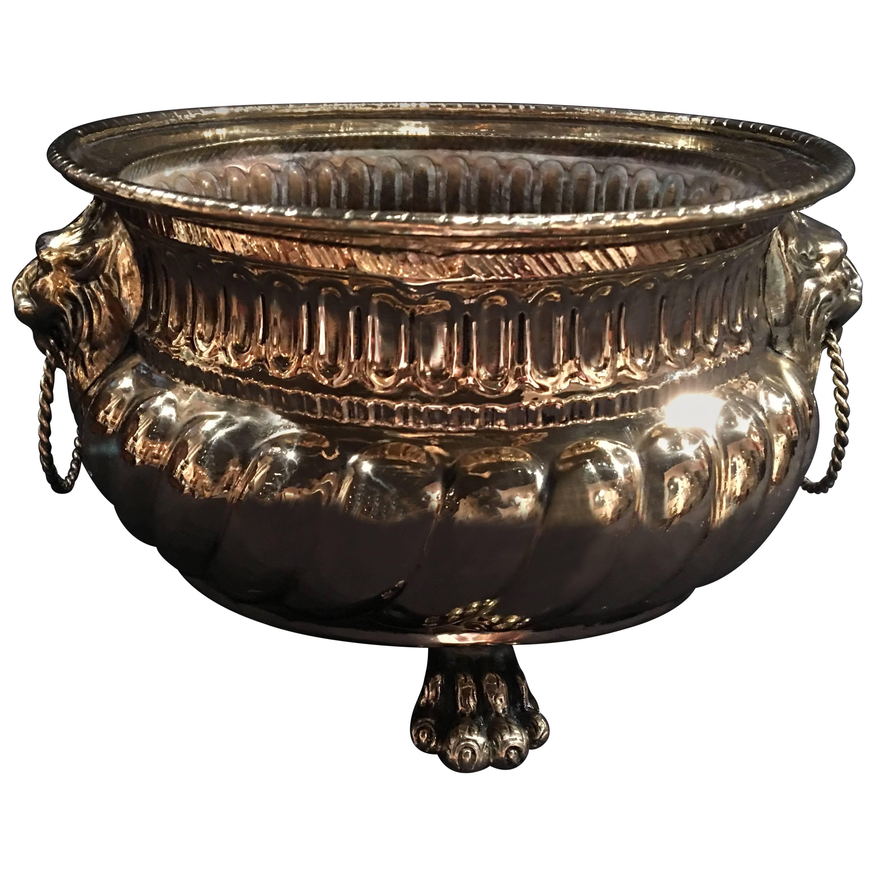 French Polished Brass Jardinière or Container with Lion Handles, 19th Century