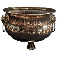 Antique French Polished Brass Jardinière or Container with Lion Handles, 19th Century