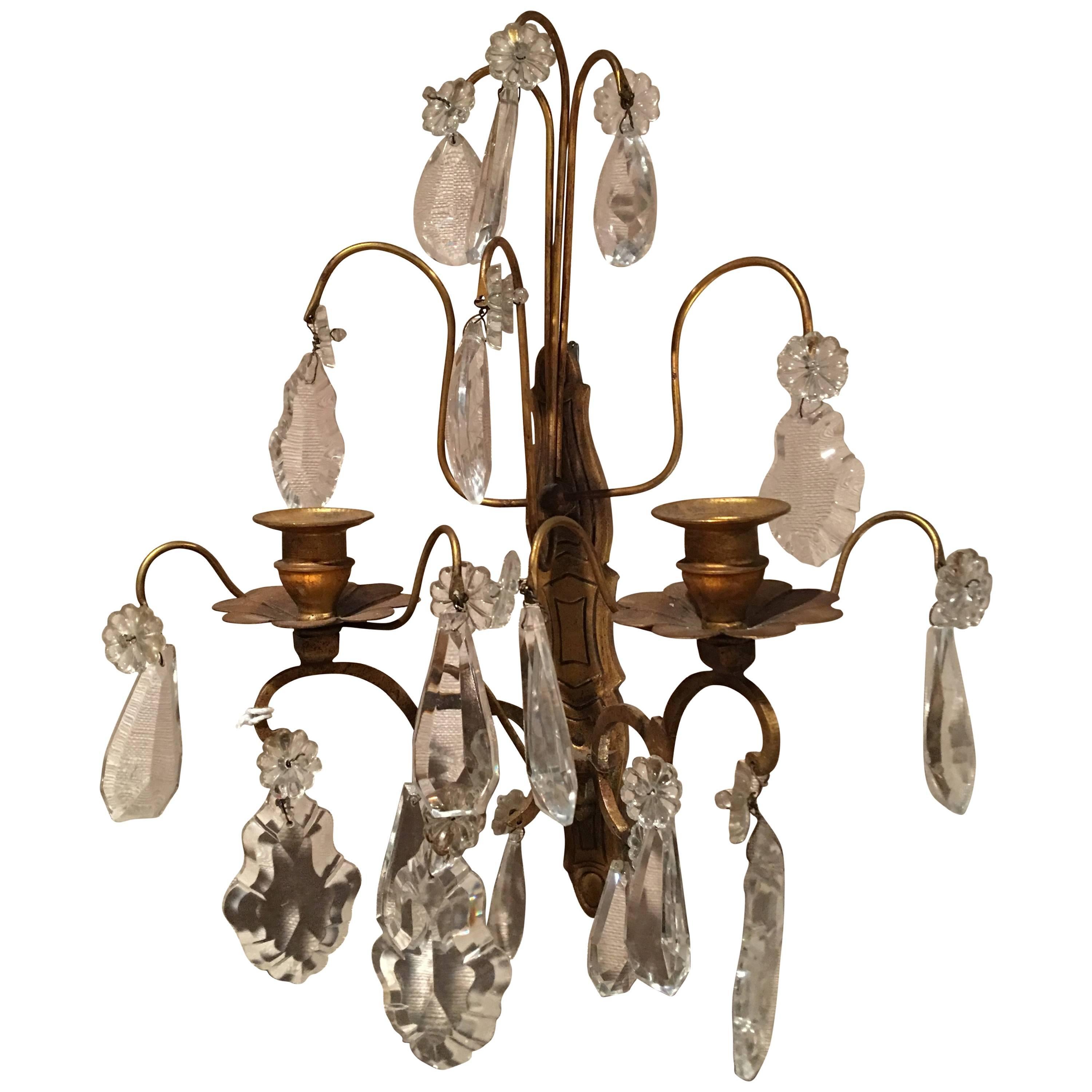 French Louis XVI Style Crystal and Brass Two Candle Sconce, 19th Century