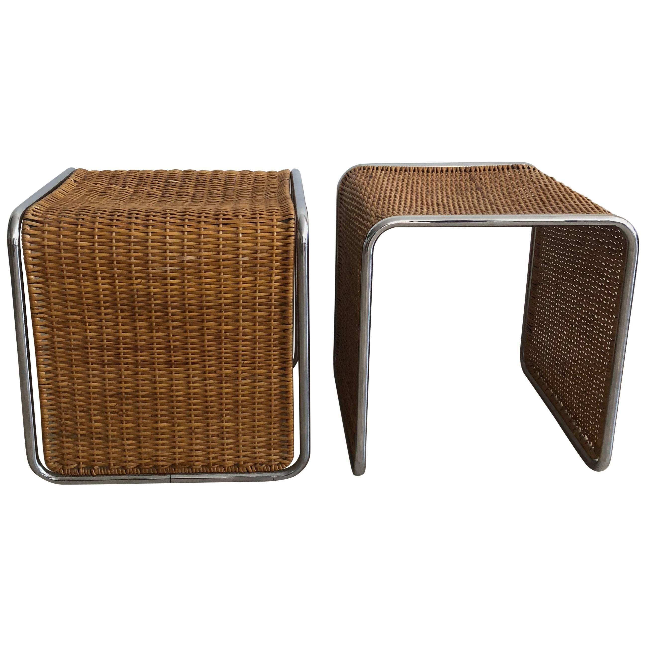 1970s Mies van der Rohe Style Wicker and Chrome Tables/Stools-Single 
