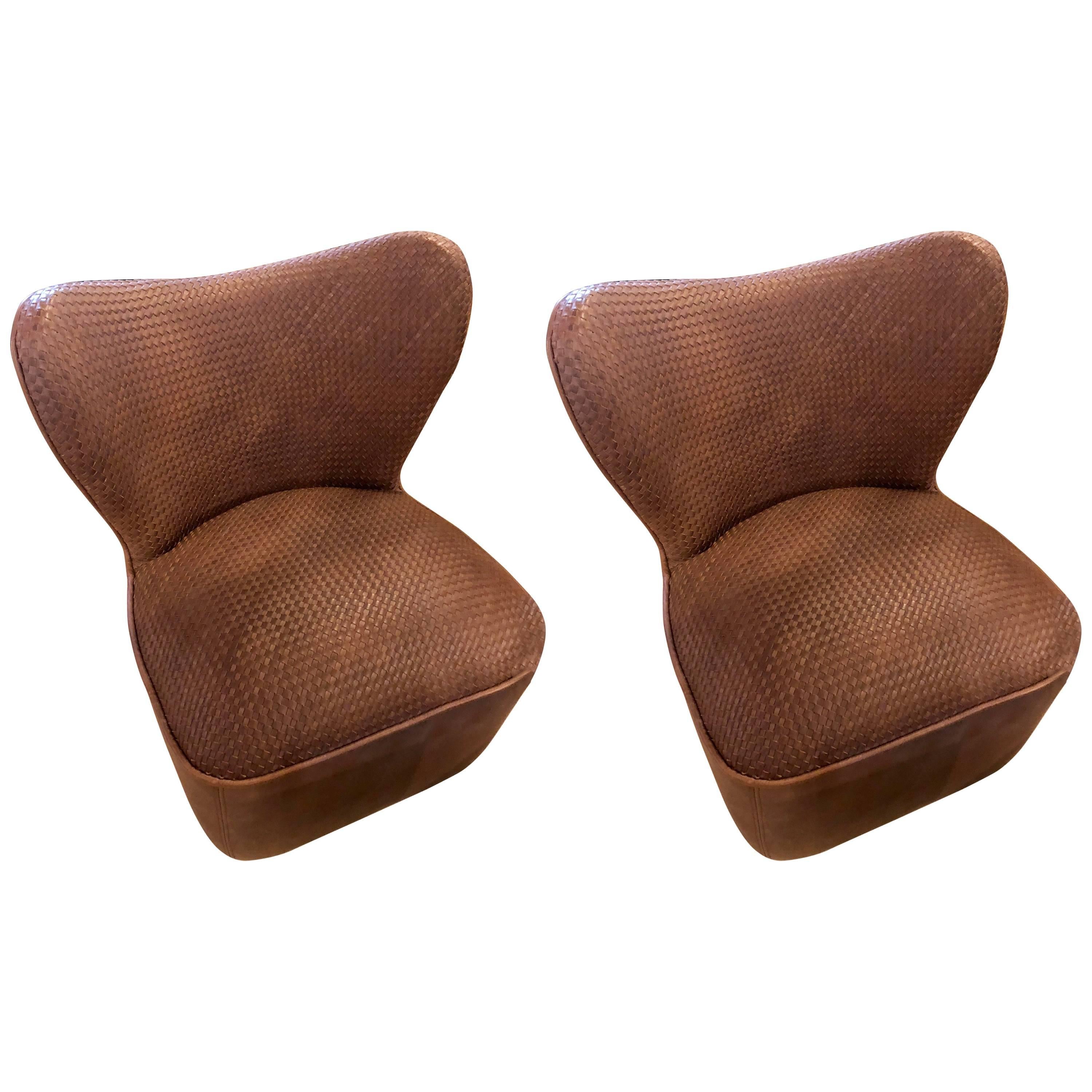 Pair of Woven Modern Leather Seat and Backrest Side Chairs in Brown