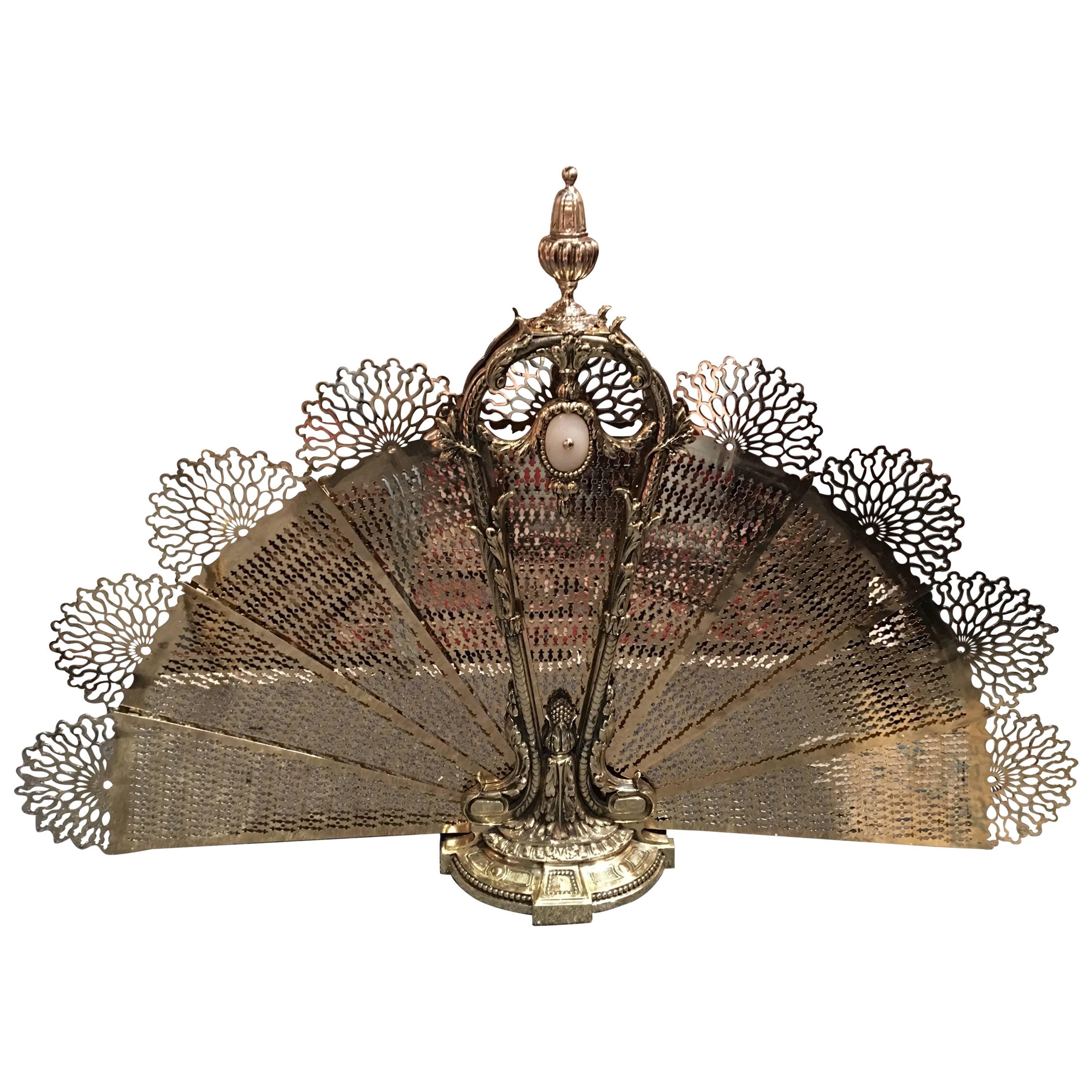French Polished Brass Fan Fireplace Screen with a Mother-of-Pearl, 19th Century