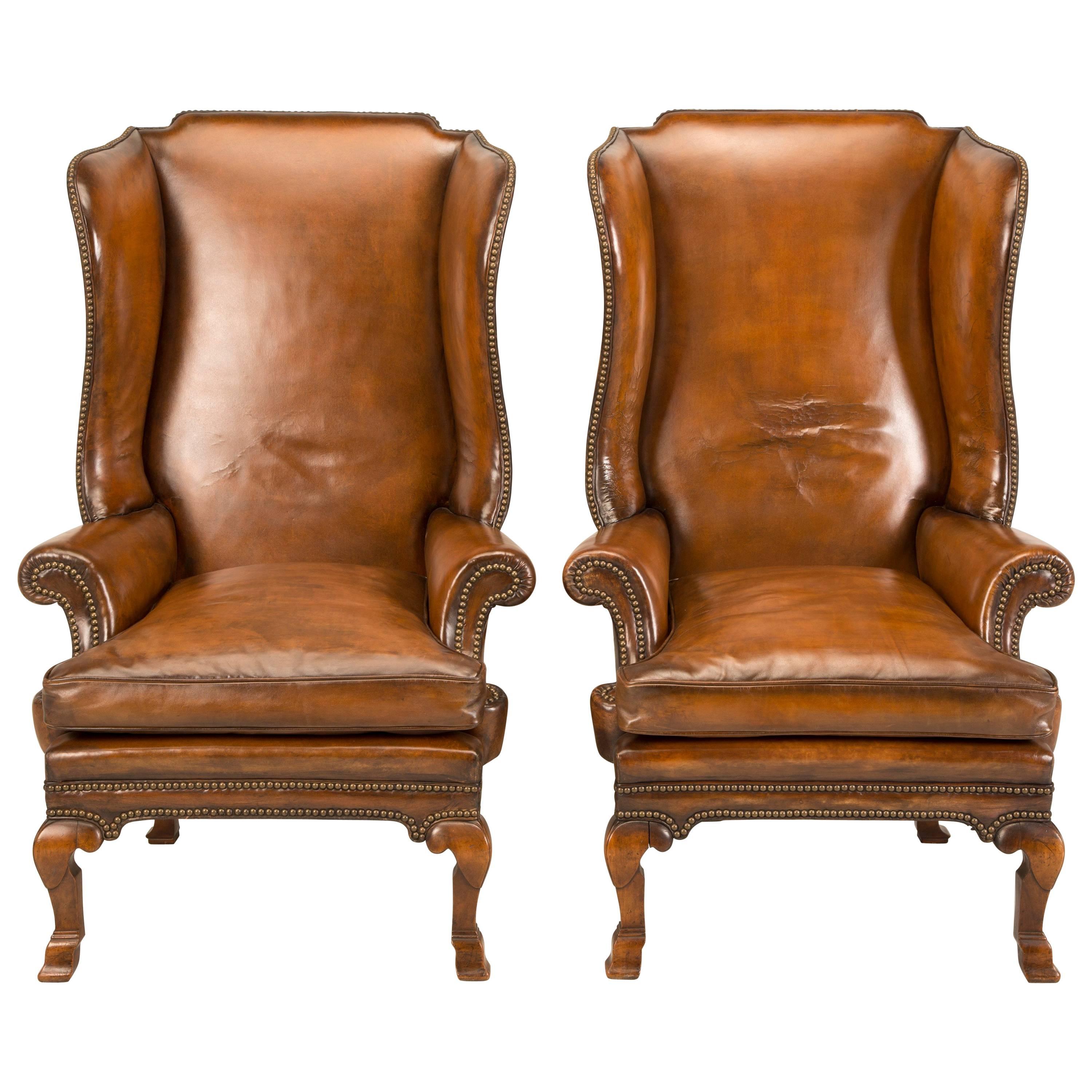 Pair of Antique English Wingback Leather Chairs, circa 1890