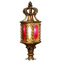 18th Century Italian Carved Giltwood Three-Light Lantern with Stained Glass