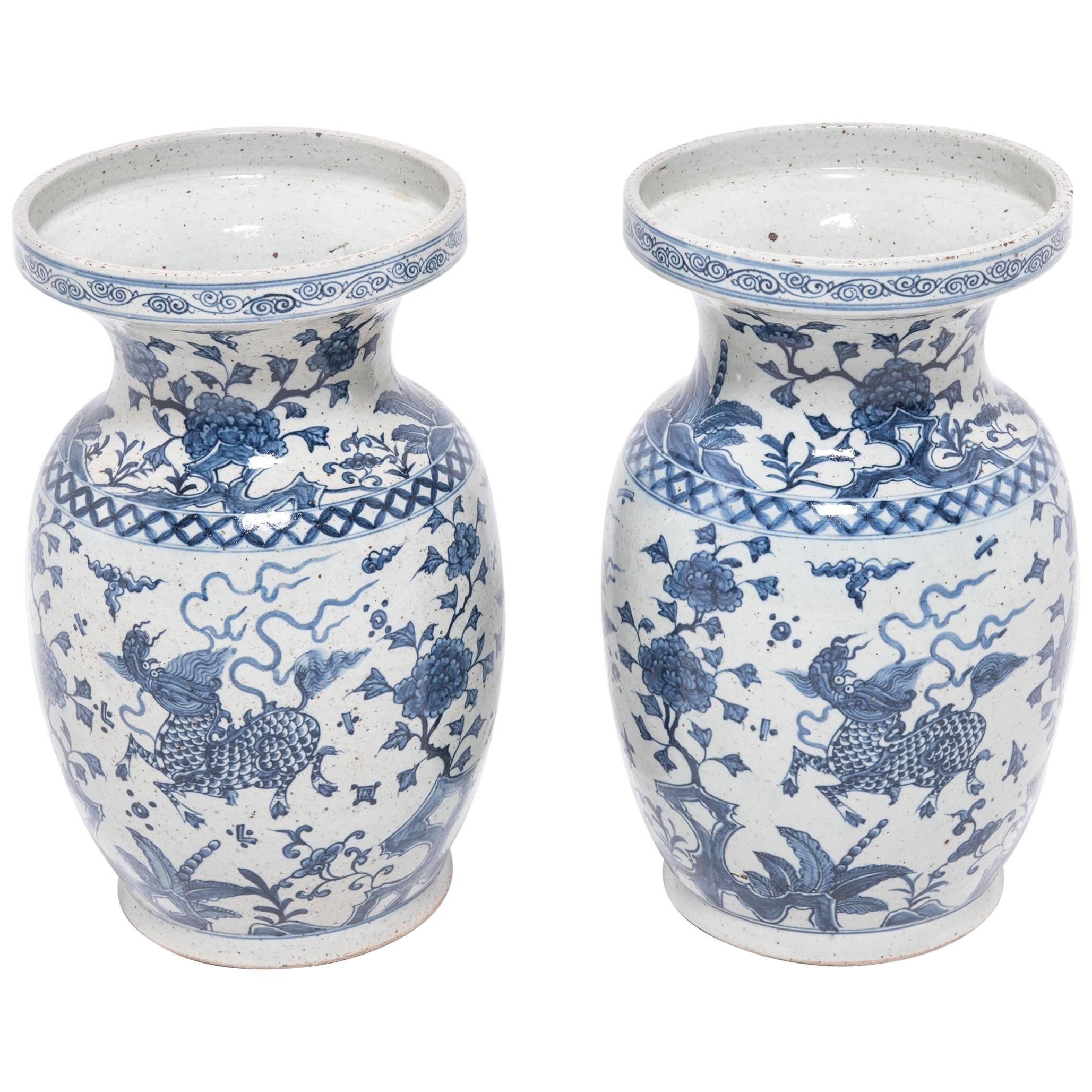 Pair of Chinese Blue and White Qilin Vases, c. 1900