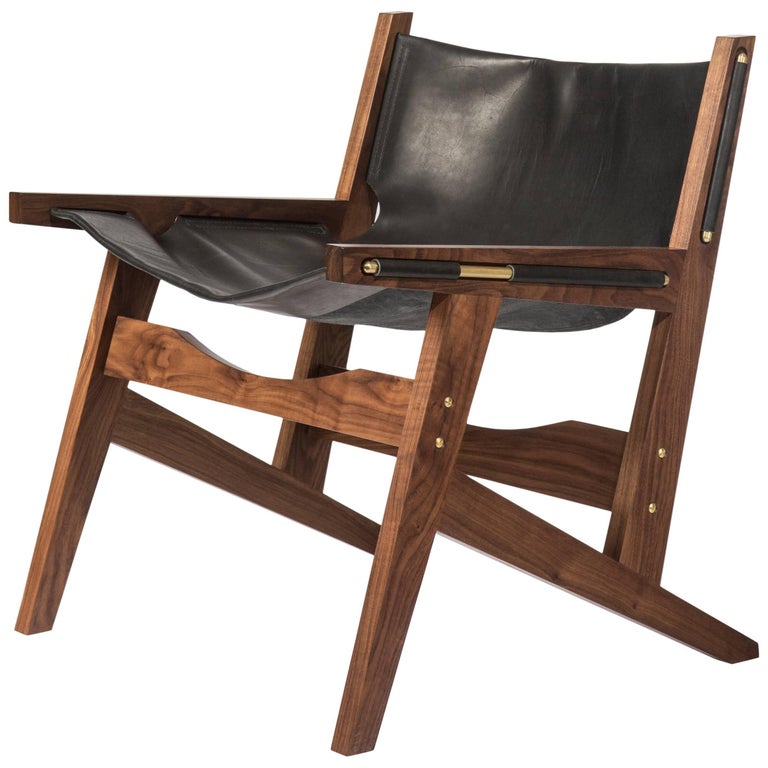 Peninsula Lounge Chair, Modern Walnut and Leather Sling Chair with