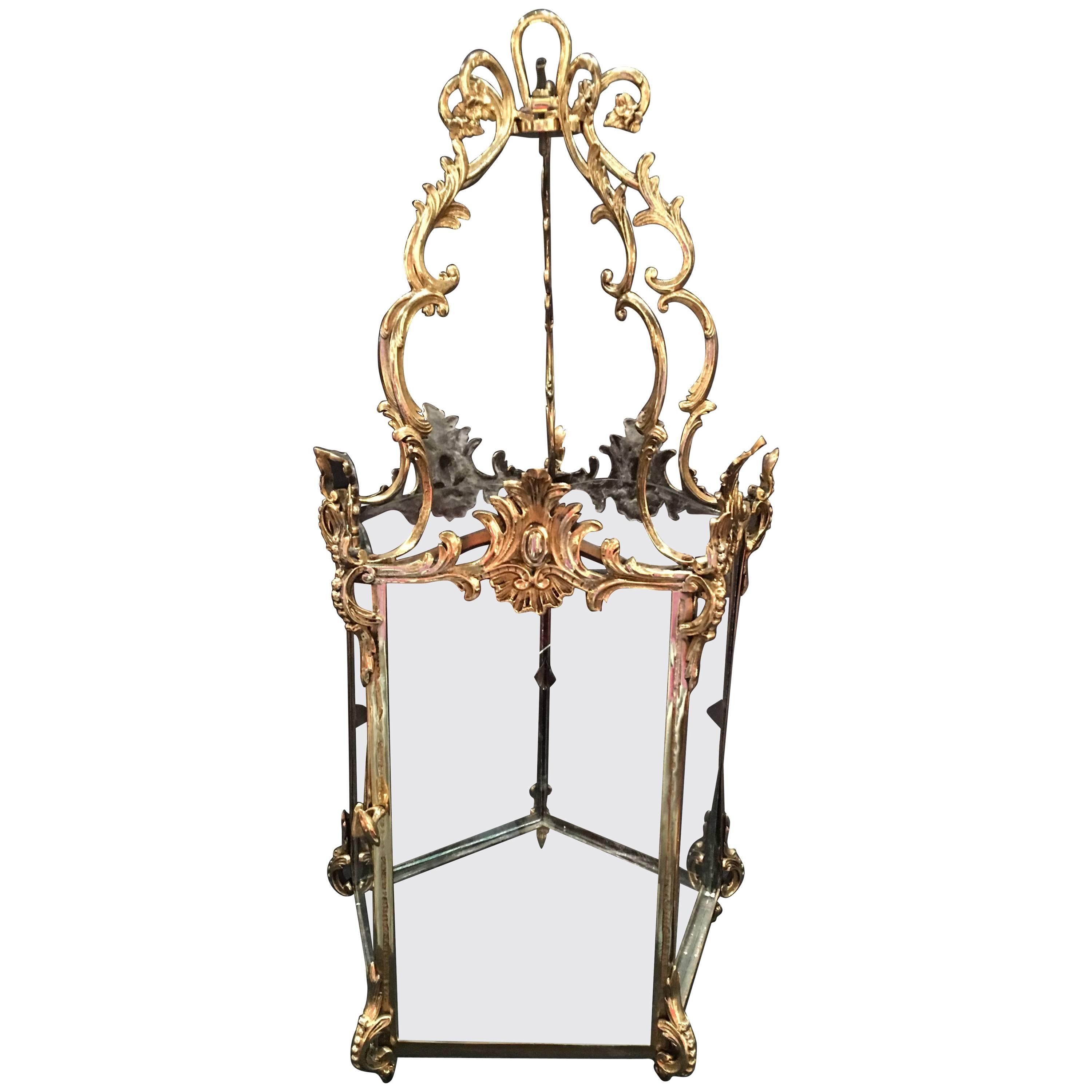 French Polished Brass Lantern with Glass Panels, 19th Century