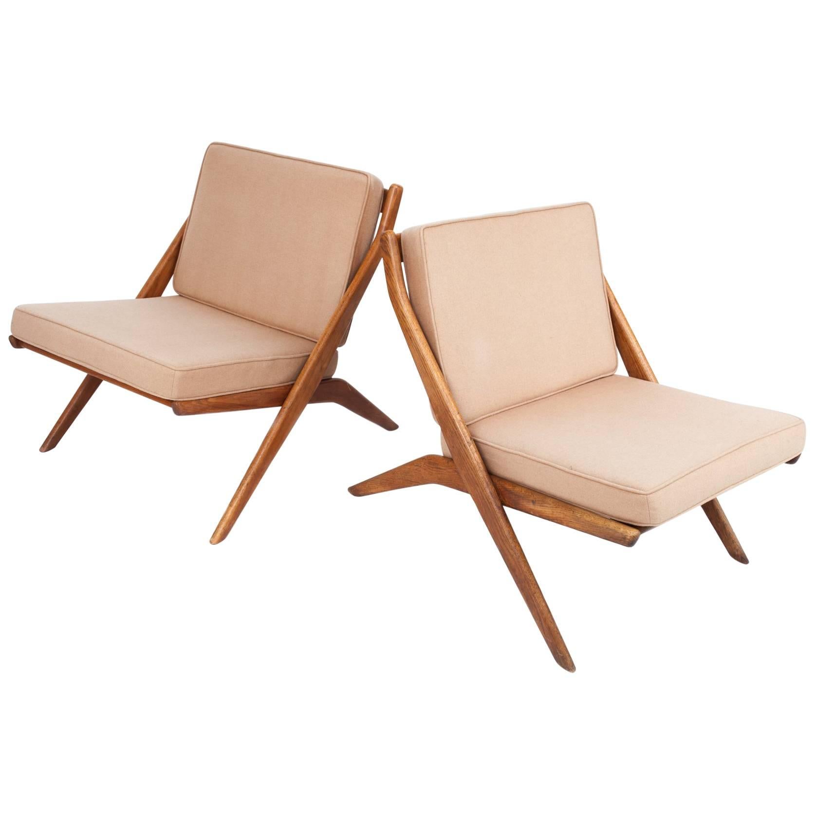 Folke Ohlsson: Pair of Tan Scandinavian Modern Scissor Chairs in Walnut, 1950's