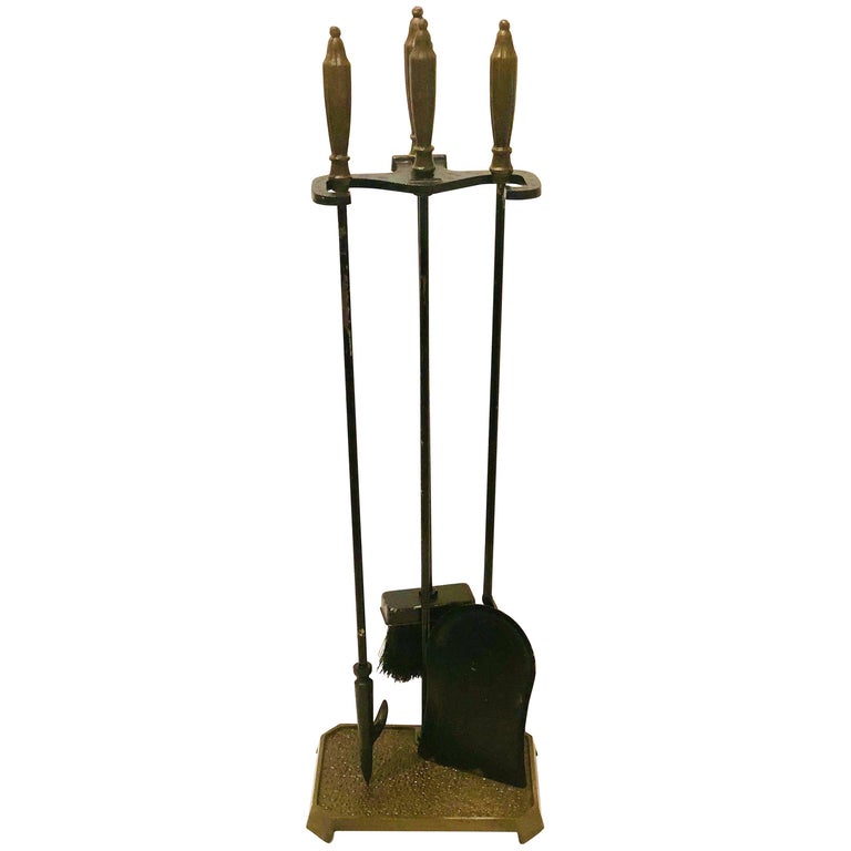 Mid Century Modernist Brass And Iron Fireplace Tool Set For Sale