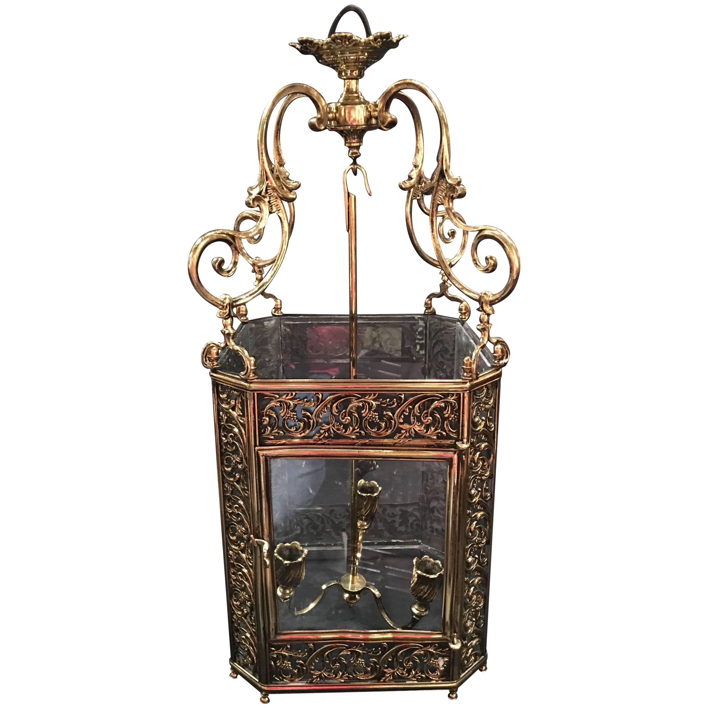 French Louis XV Style Reticulated Brass Three Light Lantern, 19th Century