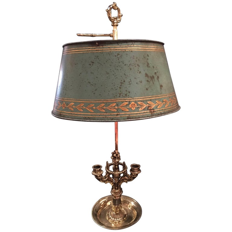 French ThreeCandle Bouillotte Lamp with a Painted Metal Shade, 19th