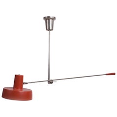 Lampadario a bracci oscillanti in stile Stilnovo in nichel argento e smalto rosso, Italia, anni '50
