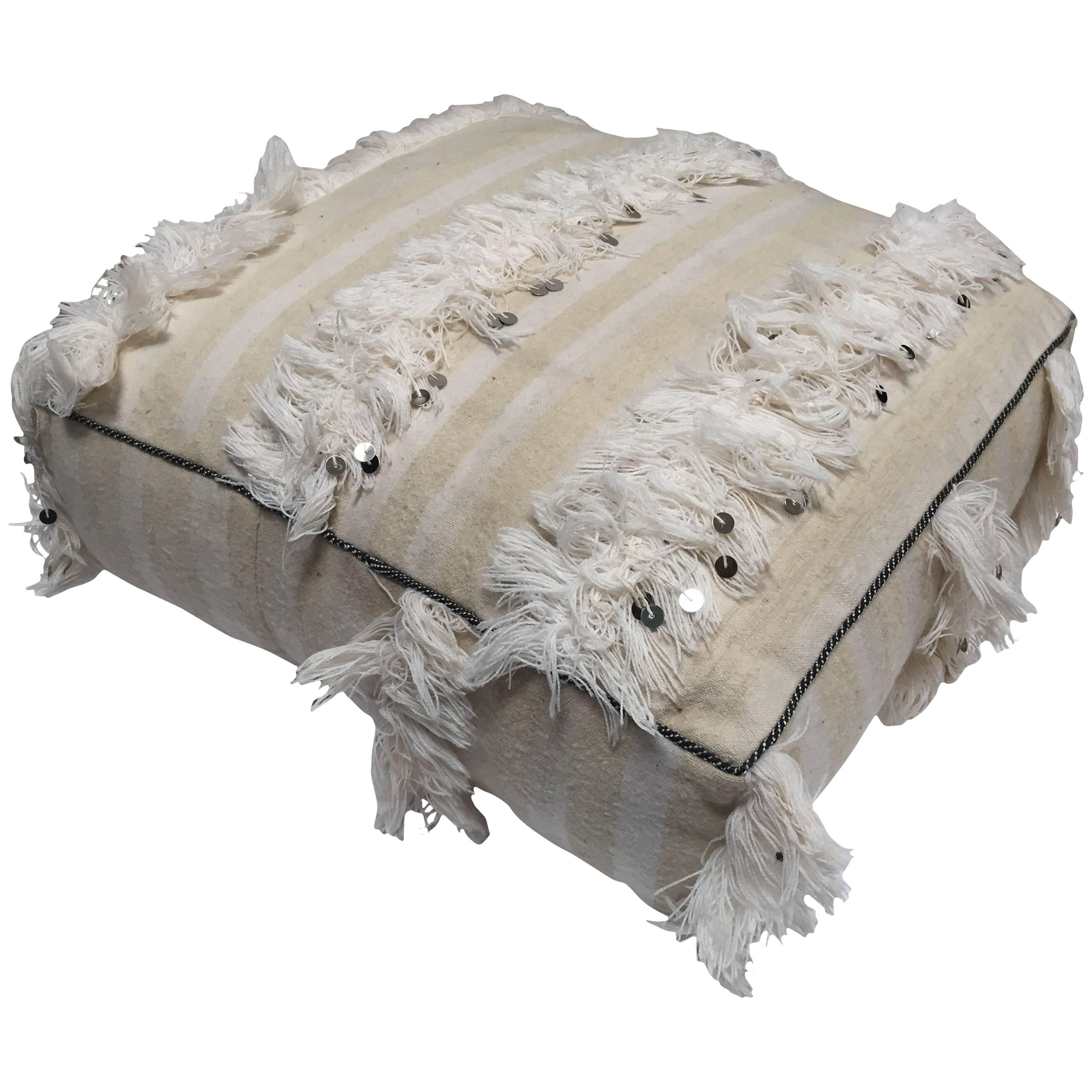 Moroccan Wedding Floor Pillow Pouf with Silver Sequins and Long Fringes