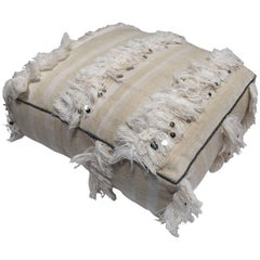 Vintage Moroccan Wedding Floor Pillow Pouf with Silver Sequins and Long Fringes