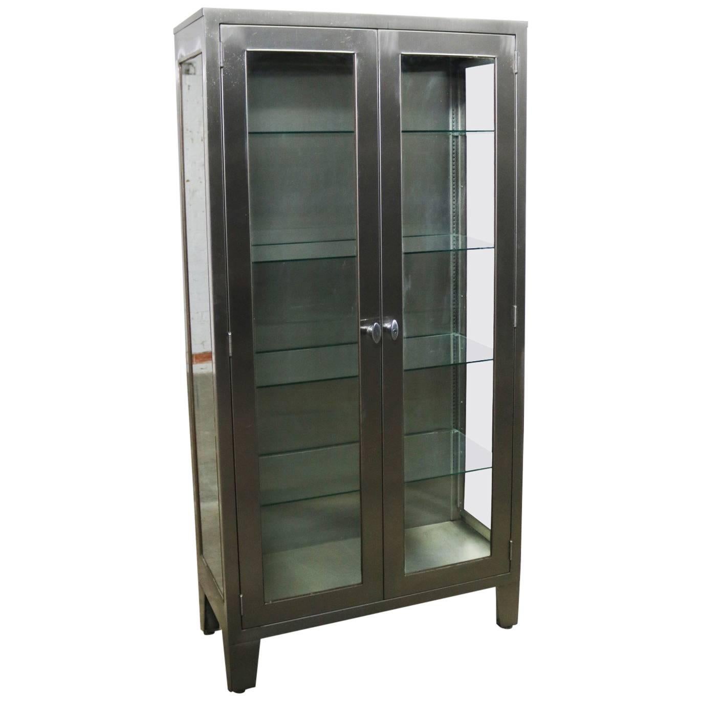 Vintage Stainless Steel Industrial Display Apothecary Medical Cabinet Glass Door