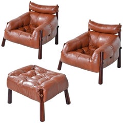 Percival Lafer MP-81 Brazilian Rosewood & Leather Lounge Chairs and Ottoman Set